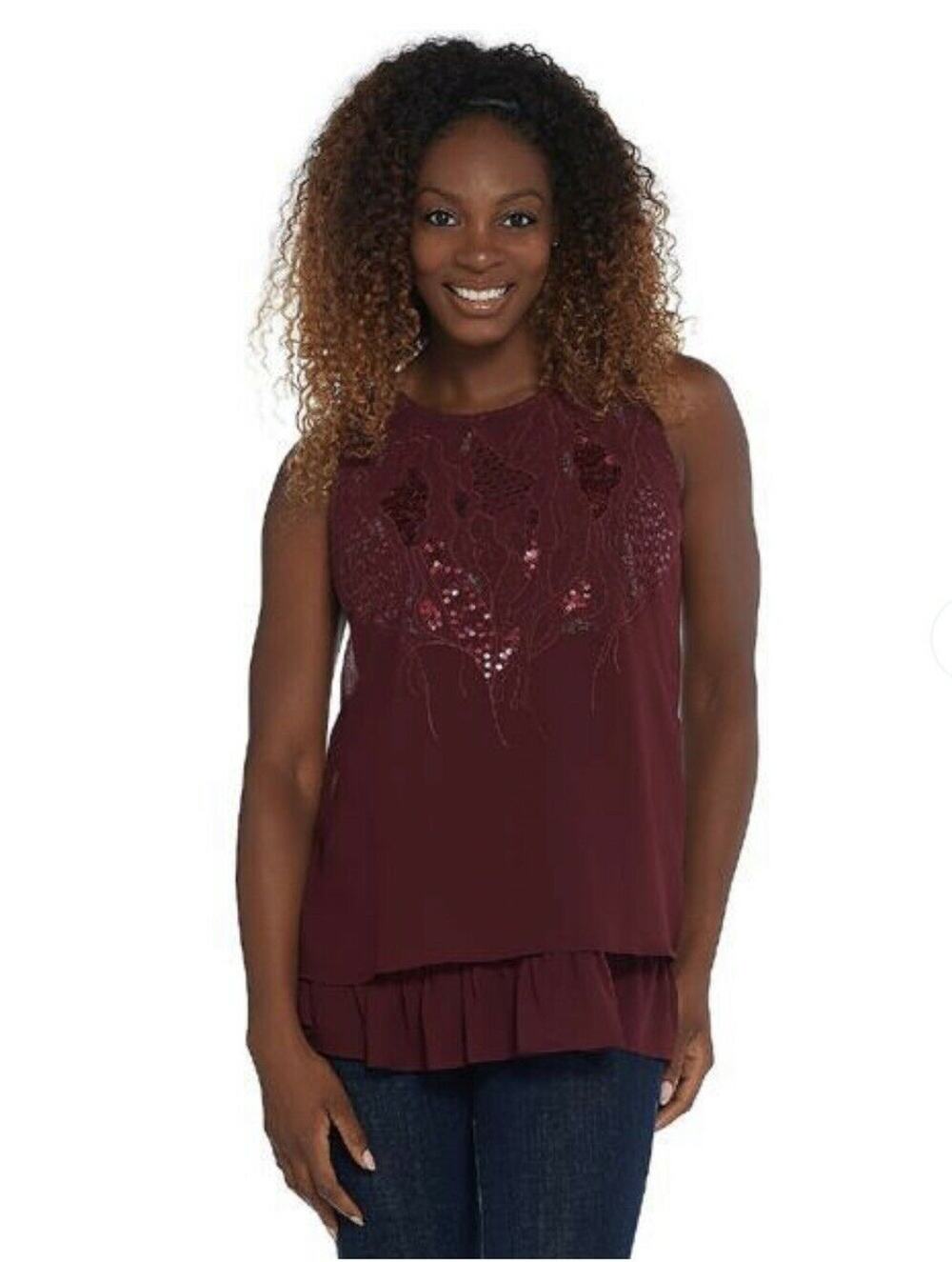 LOGO Lavish Lori Goldstein Sleeveless Top XXS Red Embellished ChiffonTrim NWOT